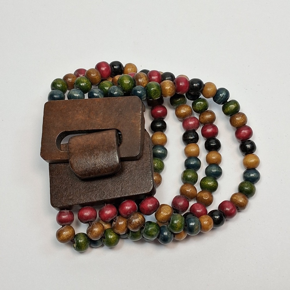 Multi-Color Wood Bead Boho Cuff Bracelet with Carved Wood Buckle Clasp 7.5+" - Picture 8 of 9
